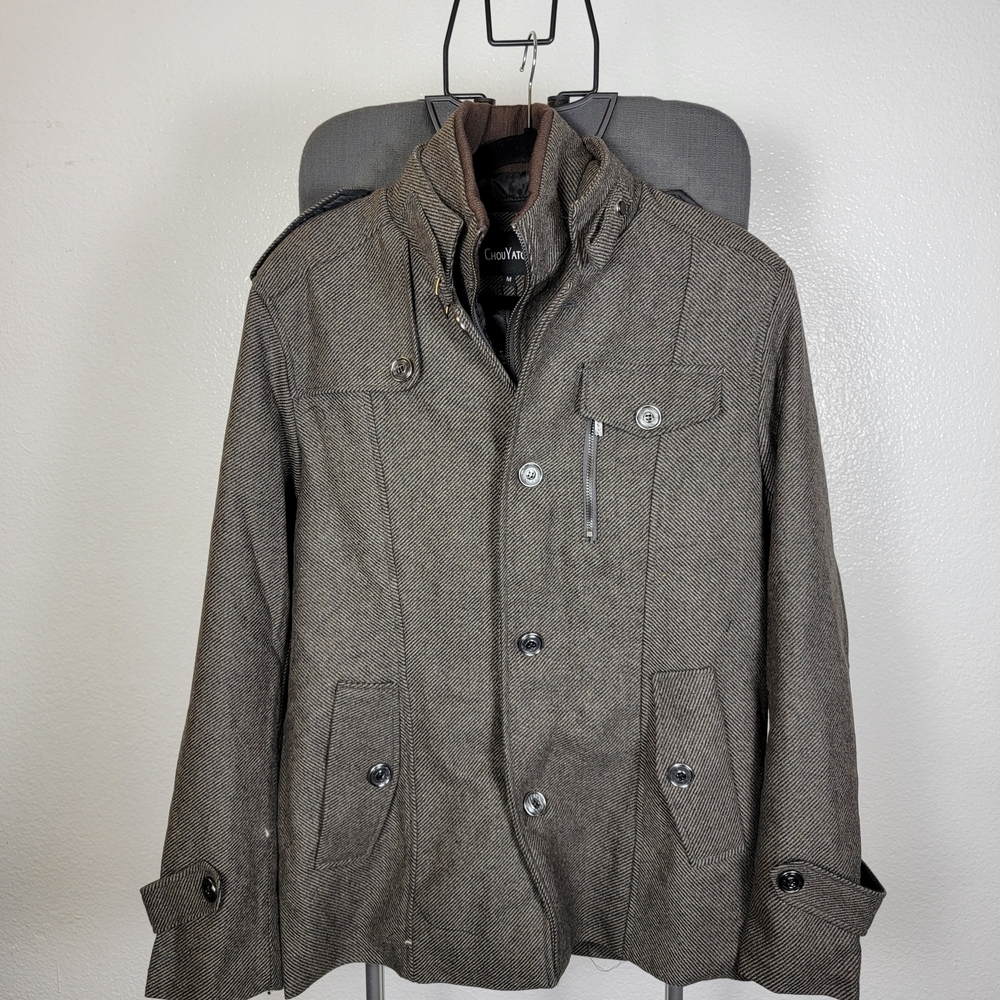 ChouYatou Men's Grey‎ Full Zip Long Sleeve Button Front Pea Coat Jacket Size M